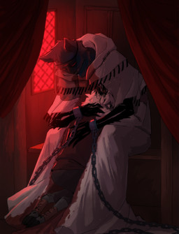 2_horns 3_eyes ambiguous_anthro ambiguous_gender anthro black_body black_fur clothed clothed_anthro clothing detailed_background duo fur horn hug inside multi_eye red_eyes white_body white_fur white_wool wool_(fur) aveloka cult_of_the_lamb massive_monster_(studio) lamb_(cult_of_the_lamb) narinder bovid caprine domestic_cat felid feline felis mammal sheep 2025 digital_drawing_(artwork) digital_media_(artwork) hi_res red_theme