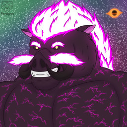 anthro black_hole facial_hair fangs fire flaming_hair fur glowing glowing_eyes grin grinning_at_viewer looking_at_viewer male markings muscular muscular_male mustache outside pseudo_hair purple_body simple_background smile smiling_at_viewer solo space star teeth tuft tusks yellow_eyes eraqon demon mammal suid suine sus_(pig) wild_boar 1:1