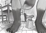 1man1jar 2022 alexyorim chair cheese_grater desk digital_media_(artwork) digital_painting_(artwork) dildo electronics feet furniture grocery_bag hi_res lol_comments lowered_tail male mammal meme monitor monochrome procyonid raccoon sex_toy solo table the_cheese_grater_image