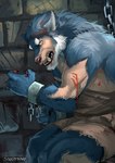 anthro biceps blood blood_in_mouth blue_body blue_fur bodily_fluids breaking_restraints clothed clothing cuff_(restraint) fur human_to_anthro male muscular muscular_anthro muscular_male restraints scratches shackles snarling solo species_transformation topless transformation scrappyvamp canid canine canis human mammal wolf 2023 absurd_res hi_res signature