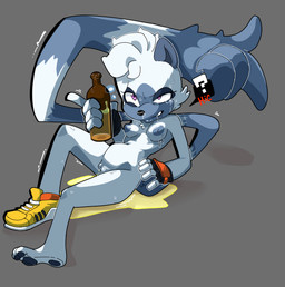 anthro areola biped black_nose bodily_fluids bottle breasts cheek_tuft clothing container drooling drunk facial_tuft female female_anthro fingerless_gloves footwear genital_fluids genitals gloves hair handwear holding_bottle holding_container holding_object long_tail mostly_nude nipples pawpads prehensile_tail reclining saliva shoes short_hair simple_background size_difference small_breasts sneakers solo substance_intoxication tail tuft urine urine_pool vulva wetting white_body white_hair nanuna idw_publishing sega sonic_the_hedgehog_(comics) sonic_the_hedgehog_(idw) sonic_the_hedgehog_(series) tangle_the_lemur lemur mammal primate ring-tailed_lemur strepsirrhine 2025