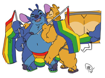 2_penises 4_arms 4_fingers 4_toes antennae_(anatomy) anthro anthro_on_anthro arm_around_shoulders belly big_belly big_bulge big_penis biped black_finger_claws black_glans black_nipples black_nose black_toe_claws blue_body brown_claws brown_nose brown_toe_claws bulge butt butt_grab claws clothed clothing countershade_butt countershade_face countershade_torso countershading dipstick_antennae duo erection eyebrows eyes_closed feet finger_claws fingers flag flag_(object) flip_flops footwear genitals glans green_clothing green_flip_flops green_footwear hand_on_another's_butt hand_on_another's_penis hand_on_another's_shoulder hand_on_butt hand_on_penis hand_on_shoulder holding_flag holding_object humanoid_genitalia humanoid_penis intraspecies jockstrap jockstrap_only kissing lgbt_pride male male/male male_anthro monotone_background moobs multi_arm multi_genitalia multi_limb multi_penis multicolored_antennae multicolored_body multicolored_jockstrap navel nipples open_mouth open_smile overweight overweight_anthro overweight_male penis penis_grab penis_poking_out pink_inner_ear pink_tongue plantigrade pride_color_clothing pride_color_jockstrap pride_color_underwear pride_colors rainbow_flag rainbow_jockstrap rainbow_pride_clothing rainbow_pride_flag rainbow_pride_underwear rainbow_symbol sandals shoes simple_background smile standing tan_body tan_countershading teeth toe_claws toes tongue topless topless_anthro topless_male underwear underwear_only white_background yellow_body maxpany 6/26 disney lgbt_pride_month lilo_and_stitch reuben_(lilo_and_stitch) stitch_(lilo_and_stitch) alien experiment_(lilo_and_stitch) 2026 absurd_res digital_drawing_(artwork) digital_media_(artwork) flat_colors hi_res signature