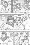 2:3 abs anthro bed biceps canid canine canis comic dialogue domestic_dog english_text felid fur furniture greyscale hair lion male male/male mammal monochrome muscular nipples pantherine pecs ryuu_majin text