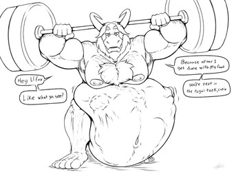 after_vore anthro arm_hair armpit_hair barbell beard belly big_belly body_hair chest_hair chest_tuft dialogue exercise facial_hair feat_of_strength horn huge_belly imminent_vore leg_hair male male_pred mature_male muscular muscular_arms muscular_male navel nipples pecs same_size_vore struggling struggling_prey text threatening_vore tuft vore weightlifting workout huttsergreywolf undertale_(series) asgore_dreemurr bovid caprine goat mammal english_text hi_res monochrome
