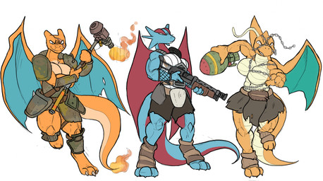 3_toes 4_fingers anthro anthrofied armor big_breasts breasts chain clothed clothing feet female fingers group gun hammer horn mini_nuke muscular muscular_female pokemorph ranged_weapon scar shotgun tail toes tools trio weapon wings bruhman33 fallout microsoft nintendo pokemon charizard dragonite generation_1_pokemon generation_3_pokemon pokemon_(species) salamence hi_res