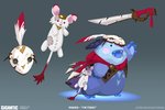 blue_body blue_eyes blue_fur blush clothed clothing doll feathers fur horn male mask melee_weapon red_nose simple_background solo surgical_suture sword teeth text weapon gigantic pakko mammal yeti english_text hi_res url