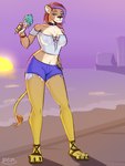 beach bottomwear choker clothed clothing crop_top dessert female food footwear highlights_(coloring) hotpants ice_cream jewelry necklace sandals shirt shoes shorts solo summer sunset thick_thighs topwear hashdrawingslasher felid lion mammal pantherine 3:4 hi_res