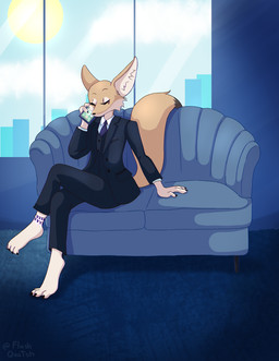 anklet anthro barefoot carpeted_floor cellphone city cityscape claws clothing electronics feet female fur furniture inside jewelry necktie phone sitting sofa solo suit sun tan_body tan_fur toe_claws window flashquatsch canid canine fennec_fox fox mammal true_fox hi_res