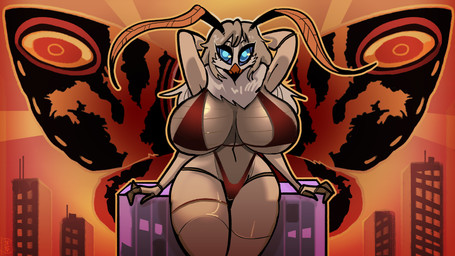 4_arms antennae_(anatomy) anthro big_breasts bikini blue_eyes breasts building clothed clothing female hair huge_breasts insect_wings large_wings leaning lepidopteran_wings long_hair looking_at_viewer macro mane multi_arm multi_limb partially_clothed pose red_bikini red_clothing red_swimwear red_wings skyline skyscraper small_waist solo swimwear tan_body tan_hair two-piece_swimsuit wide_hips wing_pattern wings mister_feelgood mothra_(series) toho mothra arthropod insect kaiju lepidopteran moth 16:9 2026 4k absurd_res hi_res pinup widescreen
