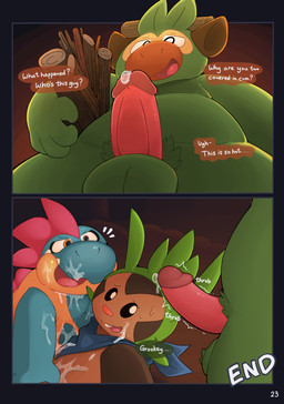 anthro balls bodily_fluids circumcised comic_panel cum cum_on_body cum_on_face dialogue genital_fluids genitals group humanoid_genitalia humanoid_penis lying male male/male on_back on_front penis penis_towards_viewer precum sweat throbbing throbbing_penis trio gralicbutter nintendo pokemon chespin croconaw generation_2_pokemon generation_6_pokemon generation_8_pokemon grookey pokemon_(species) absurd_res comic hi_res