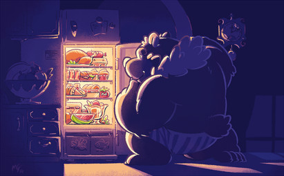 anthro appliance biped burger can clothing container dessert detailed_background food fridge fruit humanoid_hands inside kitchen_appliance melon midnight_snack night overweight pastry pie plant solo tomato underwear watermelon greenendorf bear mammal 2014