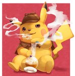 bong detective detective_hat drugs feral male sitting smoke smoking solo aotoaka nintendo pokemon detective_pikachu generation_1_pokemon pikachu pokemon_(species) hi_res