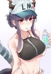 baseball_cap black_hair blush bottle bra breasts clothing container female hair hat headgear headwear horn looking_at_viewer navel not_furry open_mouth pink_eyes simple_background solo underwear white_background kongthegrain arknights hypergryph studio_montagne chen_(arknights) horned_humanoid humanoid 2020 absurd_res hi_res