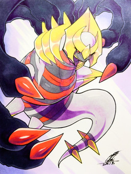 ambiguous_gender blush blush_lines eyelashes feral grey_body grey_sclera looking_at_viewer red_eyes simple_background solo striped_body stripes tail 025aki nintendo pokemon generation_4_pokemon giratina legendary_pokemon origin_forme_giratina pokemon_(species) 2026 absurd_res dated hi_res signature