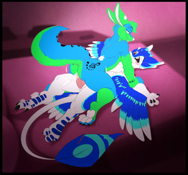 anal anal_penetration anthro bed black_border blue_body blue_eyes blue_fur blush bodily_fluids border cowgirl_position cum cum_in_ass cum_inside duo feathered_wings feathers from_front_position fur furniture genital_fluids genitals green_body green_fur holding_arms looking_at_another lying male male/male multi_ear musical_note musical_symbol nude on_bottom on_top open_mouth pawpads paws penetration penis pinned service_top sex smile spots symbol white_penis wings bloo apple_inc. jayjay_idingo avali avian canid canine canis dingo mammal absurd_res hi_res