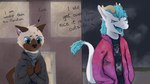 blue_tongue clothed clothing cloud dialogue hands_in_both_pockets hoodie jacket open_mouth outside scarf text tongue topwear kaiberu domestic_cat felid felidae feline felis kobold mammal scalie siamese 16:9 4k absurd_res english_text hi_res widescreen