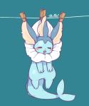 5:6 ambiguous_gender blue_background blush bodily_fluids chibi clamp clothes_pin ear_clamp eeveelution eyes_closed fastener feral generation_1_pokemon nintendo nude open_mouth pin_(fastener) pokemon pokemon_(species) saliva simple_background sleeping solo suspension tail vaporeon wolfwithwing