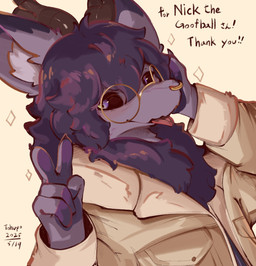 2_horns ambiguous_anthro ambiguous_gender anthro clothing coat eyewear facial_piercing fur gesture glasses hand_gesture horn looking_at_viewer nose_piercing nose_ring piercing purple_body purple_fur ring_piercing round_glasses simple_background solo tan_background text tongue tongue_out topwear v_sign conditional_dnp tohupo 2025 digital_drawing_(artwork) digital_media_(artwork) english_text hi_res