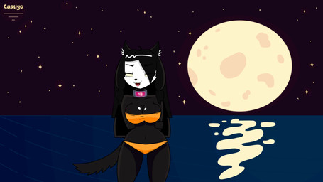 anthro bare_shoulders big_breasts bikini black_body breasts cleavage clothed clothing female full_moon glistening glistening_breasts hair hands_behind_back hip_sway inner_ear_fluff long_hair looking_at_viewer moon navel night open_mouth open_smile orange_bikini orange_clothing orange_swimwear pupils slit_pupils small_waist smile solo star strapless_bikini strapless_clothing strapless_swimwear swimwear tail tail_motion tailwag text triangle_nose tuft two-piece_swimsuit water white_face wide_hips yellow_sclera castigo b.a.d._(castigo) canid canine canis mammal wolf 16:9 2026 animated artist_name hi_res portrait spanish_description three-quarter_portrait widescreen