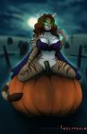 anthro big_breasts bottomless bra breasts clothed clothing female food fruit grin hair holidays long_hair magic_user outside partially_clothed plant pumpkin sitting_on_pumpkin smile solo underwear witch wolfpsalm halloween domestic_cat felid feline felis mammal tabby_cat 2019 digital_media_(artwork) hi_res watermark