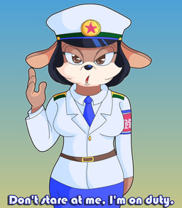 accessory anthro armband belt black_hair black_nose blue_bottomwear blue_clothing blue_necktie blue_skirt bottomwear brown_body brown_eyes brown_fur clothing female fur gradient_background hair hat headgear headwear looking_at_viewer necktie north_korea police police_hat police_uniform simple_background skirt solo text uniform white_clothing white_hat white_headwear saltypupcake pyongyang_racer mammal mouse murid murine rodent digital_media_(artwork) english_text hi_res