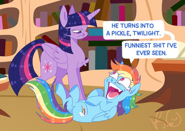 bodily_fluids book chest_tuft dialogue duo female feral golden_oaks_library horn laugh library profanity tears tears_of_pleasure text tuft wings k1w1tast1c friendship_is_magic hasbro my_little_pony mythology rainbow_dash_(mlp) twilight_sparkle_(mlp) equid equine mammal mythological_creature mythological_equine pegasus winged_unicorn english_text hi_res meme