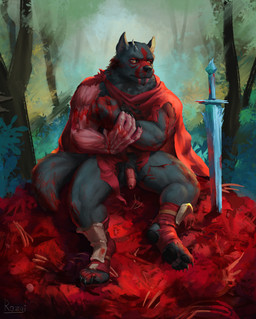 anthro balls biceps blood bodily_fluids cape cape_only clothing degloved degloved_hand exposed_muscle feet fingers flaccid foreskin forest fur genitals gore humanoid_genitalia humanoid_penis male melee_weapon mostly_nude muscular muscular_anthro muscular_male nude outside pawpads penis plant pubes scar sitting solo spread_legs spreading sword tail tight_foreskin toes tree warrior weapon wounded rozgi canid canine canis mammal wolf digital_media_(artwork) hi_res