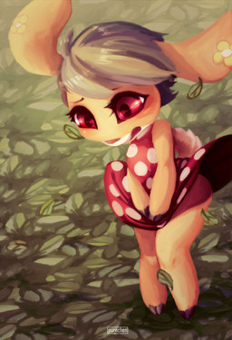 anthro blush brown_hair clothing dress female flower fur hair leaf plant red_eyes solo tan_body tan_fur wind purochen magician's_quest:_mysterious_times meg_(magician's_quest) deer mammal hi_res
