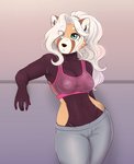 5_fingers anthro breasts clothing eyebrows eyelashes female fingers freckles green_eyes hair leaning_on_wall midriff navel nipples solo translucent translucent_clothing white_hair thecatnamedfish tammy_fairfield ailurid mammal red_panda 2021 digital_media_(artwork) hi_res