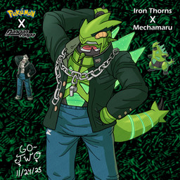 anthro asian_clothing back_spikes blue_bottomwear blue_clothing blue_pants bottomwear chain clothing east_asian_clothing eyebrows facial_hair gakuran glowing goatee green_body green_clothing green_jacket green_topwear hand_behind_head hand_on_hip head_spikes jacket japanese_clothing japanese_school_uniform jewelry laugh machine male metallic_body necklace pants school_uniform solo spiked_tail spikes spikes_(anatomy) tail text thick_eyebrows topwear uniform whistle_around_neck yellow_eyes go-two danganronpa danganronpa_2 nintendo pokemon spike_chunsoft nekomaru_nidai future_pokemon generation_9_pokemon iron_thorns kaiju paradox_pokemon pokemon_(species) robot 1:1 absurd_res english_text hi_res portrait reference_image three-quarter_portrait