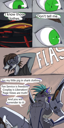 anthro bottomwear brown_hair clothed clothing cosplay dialogue duo female furniture green_eyes hair holidays open_mouth pants purple_eyes reclining sharp_teeth shirt skimpy sofa teeth text topwear ldr halloween kill_la_kill studio_trigger evelyn_(adorablydevious) lucine satsuki_kiryuin aquatic fish shark 2015 absurd_res comic digital_media_(artwork) english_text hi_res long_image tall_image