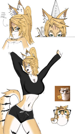 abs anthro black_clothing black_crop_top black_shirt black_topwear bottomwear breasts cleavage clothed clothing crop_top dolphin_shorts dunce_cap ear_tuft eyewear female female/female fluffy fluffy_tail fur glasses green_eyes hair hat headgear headwear leg_markings looking_at_viewer markings navel nerd open_mouth orange_body orange_fur ponytail shirt shorts sleepwear tail thigh_markings topwear tuft yawn st4vr mihoyo nerd_emoji_(meme) zenless_zone_zero pulchra_fellini felid feline felis mammal sand_cat thiren hi_res