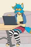 2:3 blue_body blue_fur bottomwear canid canine canis clothing computer domestic_dog electronics femboy fennecat footwear fur furniture generation_4_pokemon hi_res hoodie laptop lucario mammal nintendo orange_spots owo pokemon pokemon_(species) skirt socks sofa solo spots table topwear watermark yellow_eyes òwó