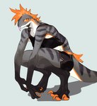 anthro bebebebebe biped clothed clothing crouching female fur grey_background grey_body hi_res looking_at_viewer orange_body orange_fur reptile scalie simple_background sniffe_(bebebebebe) solo tongue tongue_out