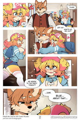 anthro big_breasts black_nose blonde_hair blush breasts cleavage clothed clothed_female clothed_male clothing dialogue female fur green_eyes hair huge_breasts male male/female midriff navel school text breedypupper conditional_dnp nintendo pokemon blue_(breedypupper) tyler_(breedypupper) canid canine canis domestic_dog mammal absurd_res comic english_text hi_res letterbox url