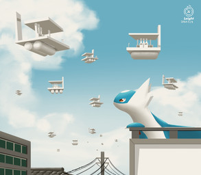 blue_body building cloud feral gas_station landscape looking_up male multicolored_body outside red_eyes sky solo surrealism two_tone_body white_body kemo_leight nintendo pokemon generation_3_pokemon latios legendary_pokemon pokemon_(species) hi_res