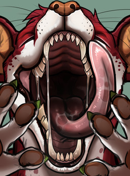ambiguous_form ambiguous_gender bodily_fluids brown_pawpads eyes_closed fangs front_view fur green_background mouth_shot open_mouth orange_nose pawpads red_body red_fur red_tongue saliva saliva_string simple_background solo teeth tongue tongue_out whiskers white_body white_fur roobin mammal mink mustelid musteline true_musteline hi_res