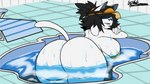 anthro bent_over big_breasts big_butt bikini black_eyes black_hair breasts butt clothing female hair hat headgear headwear huge_breasts huge_butt looking_at_viewer looking_back partially_submerged solo swimwear two-piece_swimsuit water wet wet_body white_body jyto undertale undertale_(series) college_tem_(jyto) temmie_(undertale) canid canine canis domestic_dog mammal tem 2023 hi_res