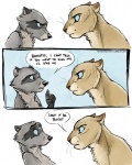 2016 angry anthro blackteagan blue_eyes comic confusion dialogue duo ears_back english_text felid female lion male mammal no_sclera pantherine pivoted_ears procyonid raccoon semi-anthro simple_background speech_bubble stare staring_contest text white_background worried