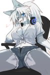 anthro bottomwear breasts chair cleavage clothed clothing crop_top denim denim_bottomwear denim_clothing denim_shorts electronics female furniture headphones kemono one_eye_closed shirt shorts sitting solo text topwear wink ookamiwaho okami_bark canid canine canis mammal wolf 2:3 hi_res japanese_text