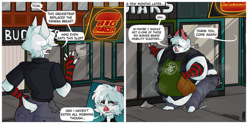 anthro arm_warmers armwear belly big_belly butt clothed clothing detailed_background dialogue ear_piercing ear_ring femboy hair male morbidly_obese morbidly_obese_anthro morbidly_obese_male obese obese_anthro obese_male open_mouth overalls overweight overweight_anthro overweight_male piercing ring_piercing shirt solo speech_bubble street tail text text_on_clothing thick_thighs topwear waddling weight_gain weight_gain_sequence white_body catboyz bat mammal 2:1 absurd_res comic digital_media_(artwork) english_text hi_res