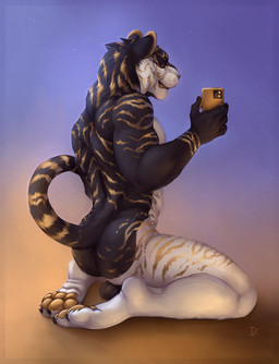anthro backsack balls black_body black_fur blue_background butt cellphone electronics fur genitals gold_nose golden_markings golden_nose golden_pawpads golden_stripes gradient_background holding_cellphone holding_object holding_phone kneeling male markings metallic_markings muscular muscular_anthro muscular_male nude nude_anthro nude_male pawpads phone selfie simple_background sitting_on_heels solo striped_body striped_markings stripes white_body white_fur yellow_background yellow_eyes interkos felid mammal pantherine tiger 2023 hi_res painting_(artwork)