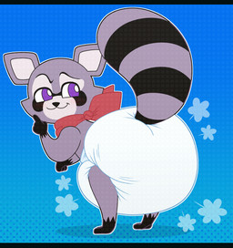 3_toes 4_fingers ambiguous_gender anthro big_diaper black_body black_fur black_nose black_stripes black_tail blush blush_lines butt clean_diaper clothed clothing cloud_emanata diaper diaper_puff dotted_background emanata facial_markings feet fingers fur gesture gloves_(marking) gradient_background grey_body grey_fur grey_inner_ear grey_tail hand_gesture hand_on_face head_markings huge_diaper kerchief leg_markings looking_back markings neckerchief neckwear pattern_background pointing presenting presenting_hindquarters red_kerchief red_neckerchief simple_background smile socks_(marking) solo standing striped_markings striped_tail stripes tail tail_markings tan_body tan_fur toes wearing_diaper white_diaper tenerius indigo_park rambley_raccoon mammal procyonid raccoon 2024 absurd_res hi_res letterbox