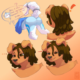 ambiguous_gender anthro big_tail blue_body blue_fur brown_eyes brown_hair butt clothing confusion dreadlocks duo eyebrows fur grin hair hoodie male presenting presenting_hindquarters romantic romantic_couple smile smug tail teeth topwear white_body white_fur una_salamandra isabelle_(palmtrees) kiari_(palmtrees) arctic_fox canid canine fox mammal potcake_dog true_fox 1:1 absurd_res hi_res