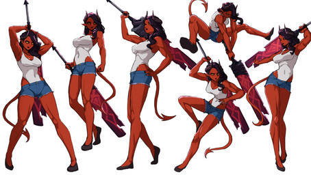 action_pose black_hair bottomwear breasts clothing denim denim_bottomwear denim_clothing denim_shorts ear_piercing eyebrows eyelashes female footwear hair horn leotard melee_weapon multiple_poses not_furry piercing pose red_body red_skin shoes shorts solo spade_tail sword tail weapon daydarion dispatch malevola_gibb demon demon_humanoid humanoid 2025 absurd_res hi_res