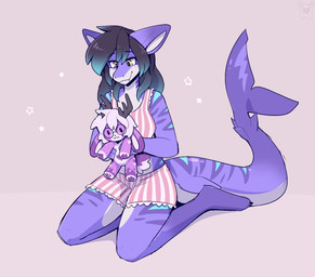 anthro black_hair blue_hair bottomwear clothing female hair holding_object holding_plushie kneeling long_hair multicolored_body pattern_bottomwear pattern_clothing pattern_shorts pattern_topwear plushie shorts simple_background smile solo striped_body striped_bottomwear striped_clothing striped_shorts striped_topwear stripes tail topwear yellow_eyes fleurfurr aquatic fish shark cel_shading colored colored_sketch digital_drawing_(artwork) digital_media_(artwork) hi_res shaded sketch