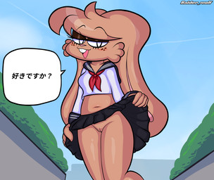 anthro ascot asian_clothing bangs bedroom_eyes big_ears black_bottomwear black_clothing black_skirt blue_sky blush bottomwear brown_body brown_fur buckteeth cartoon_freckles cheek_tuft clothed clothing clothing_lift concrete_wall day detailed_background dialogue ears_down east_asian_clothing eyebrows eyelashes eyeliner eyeshadow facial_tuft female floppy_ears freckled_face freckles fur genitals hair half-closed_eyes head_tuft hedge innie_vulva japanese_clothing japanese_school_uniform long_eyelashes looking_at_viewer looking_down low-angle_view makeup midriff narrowed_eyes navel no_underwear open_mouth open_smile outside partially_clothed pink_nose pivoted_ears plant presenting presenting_vulva school_uniform seductive serafuku shrub silhouette silhouette_background skirt skirt_lift sky smile solo speech_bubble teeth text topwear tuft underwear uniform vulva wall_(structure) white_clothing white_topwear white_underwear blackmore blair_(blackmore) domestic_rabbit lagomorph leporid mammal oryctolagus rabbit 2026 absurd_res digital_drawing_(artwork) digital_media_(artwork) hi_res japanese_text