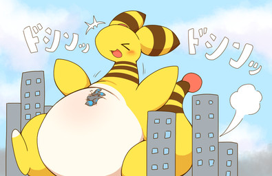 belly big_belly blush building city duo extreme_size_difference eyes_closed kemono macro obese overweight raised_leg size_difference smile takisan_oekaki nintendo pokemon ampharos eeveelution generation_2_pokemon pokemon_(species) umbreon