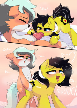 ahegao bedroom bedroom_eyes blush bodily_fluids cum cum_inside dialogue doggystyle duo ellipsis fellatio female feral from_behind_position genital_fluids genitals knot knotted_penis looking_pleasured male male/female narrowed_eyes nude onomatopoeia open_mouth oral penile penis profanity saliva saliva_on_penis saliva_string seductive sex sound_effects text tongue tongue_out vaginal thecoldsbarn hasbro my_little_pony fan_character zedwin equid equine horse mammal pony absurd_res comic english_text hi_res