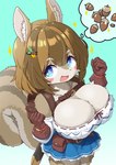 accessory acorn anthro big_breasts blue_eyes blush bottomwear breasts brown_body brown_fur cleavage clothed clothing female female_anthro fluffy food fruit fur gloves hair hair_accessory handwear high-angle_view huge_breasts kemono multicolored_body multicolored_fur nut_(fruit) plant skirt solo tail tan_body tan_fur thought_bubble koorinezumi mammal rodent sciurid tree_squirrel 2025 digital_media_(artwork) hi_res portrait three-quarter_portrait translated_description